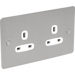 Flat Plate Satin Chrome 13A Socket 2 Gang Unswitched