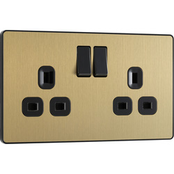 BG Evolve Brushed Brass (Black Ins) Double Switched 13A Power Socket 
