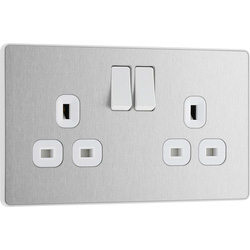 BG Evolve Brushed Steel (White Ins) Double Switched 13A Power Socket 