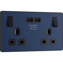 BG Evolve Matt Blue (Black Ins) Double Switched 13A Power Socket + 2 X Usb (3.1A) 