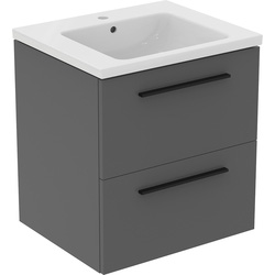 Ideal Standard i.life B Double Drawer Wall Hung Unit with Basin Matt Quartz Grey 600mm with Matt Black Handles