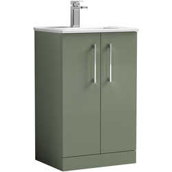 nuie Arno Double Door Floor Standing Vanity Unit Satin Green 500mm With Minimalist Basin