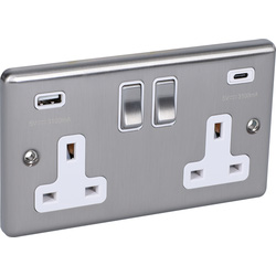 Wessex Brushed Steel White USB A & C Type Switched Socket 2 Gang 3.1A