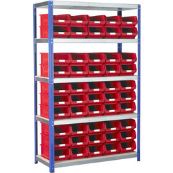 Eco 5 Tier Shelving Bay with Red Bins 1800 x 1200 x 450mm