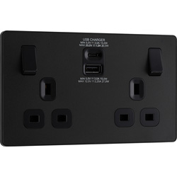 BG Evolve Matt Black (Black Ins) Double Switched 13A Power Socket + Usb C 30W + Usba (2.1A) 