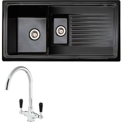 Reginox / Reginox Reversible Ceramic Kitchen Sink & Drainer 1.5 Bowl Black with Chrome Tap