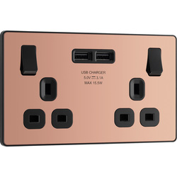 BG Evolve Polished Copper (Black Ins) Double Switched 13A Power Socket + 2 X Usb (3.1A) 