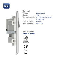 BG Brushed Steel 13A DP White Insert Switched Socket