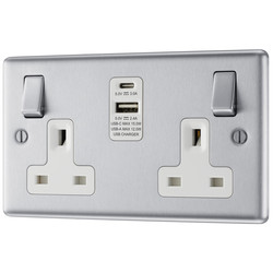 BG Brushed Steel 13A White Insert Switched Socket + A & C Type USB