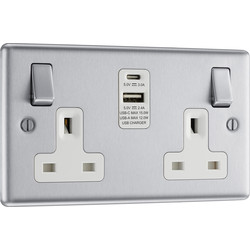 BG / BG Brushed Steel 13A White Insert Switched Socket + A & C Type USB 2 Gang + 2 USB (4.2A)