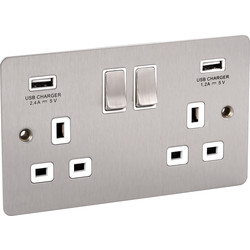 Unbranded Flat Satin Chrome USB Switched Socket 13A 2 Gang + 2 USB - 78110 - from Toolstation