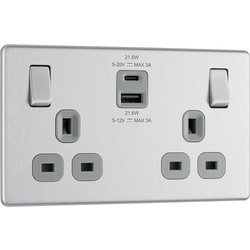 BG / BG Screwless Flatplate Brushed Steel 13A Power Socket With USB A+C 22W 2 Gang