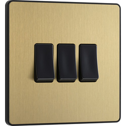 BG Evolve Brushed Brass (Black Ins) Triple Light Switch, 20A 16Ax, 2 Way 