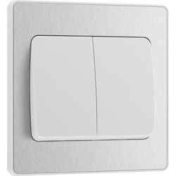 BG Evolve Brushed Steel (White Ins) Double Light Switch, 20A 16Ax, 2 Way, Wide Rocker 