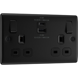 BG / BG Nexus Metal Matt Black 13A Switched Socket With USB A+C 22W 2 Gang