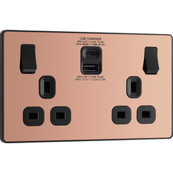 BG Evolve Polished Copper (Black Ins) Double Switched 13A Power Socket + Usb C 30W + Usba (2.1A) 