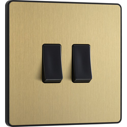 BG Evolve Brushed Brass (Black Ins) Double Light Switch, 20A 16Ax, 2 Way 
