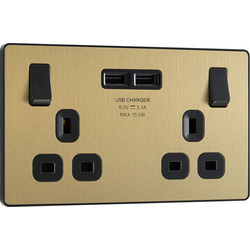 BG Evolve Brushed Brass (Black Ins) Double Switched 13A Power Socket + 2 X Usb (3.1A) 