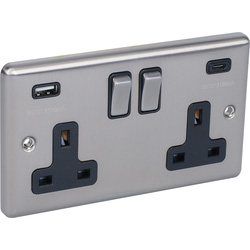 Wessex Brushed Steel Black USB A & C Type Switched Socket 2 Gang 3.1A