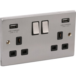 Axiom  Satin Chrome USB Switched Socket 13A Black 2 Gang + 2 USB - 90942 - from Toolstation