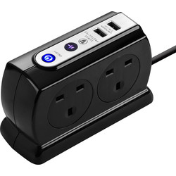 Masterplug / 4 Socket Switched Extension Lead + 2 x 3.1A USB Compact Surge - Black 2m