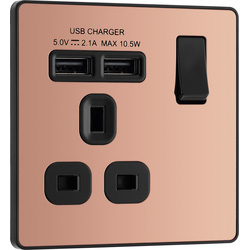 BG Evolve Polished Copper (Black Ins) Single Switched 13A Power Socket + 2 X Usb (2.1A) 