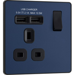 BG Evolve Matt Blue (Black Ins) Single Switched 13A Power Socket + 2 X Usb (2.1A) 