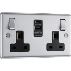 BG BG Brushed Steel 13A Black Insert Switched Socket + A & C Type USB 2 Gang + 2 USB (4.2A) - 96497 - from Toolstation
