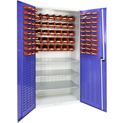Barton Louvred Panel Cabinet with 3 Shelves & Bins 2000 x 1015 x 430mm - 60 TC1 Red & 30 TC3 Red Bins