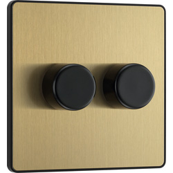BG Evolve Brushed Brass (Black Ins) Trailing Edge Led 200W Double Dimmer Switch, 2-Way Push On/Off 