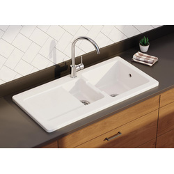 Contemporary Reversible Ceramic Kitchen Sink & Drainer White 1.5 Bowl