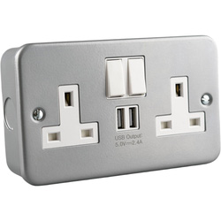 Wessex Electrical / Wessex Metal Clad USB Switched Socket 13A 2 Gang 2 USB