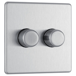 BG / BG Brushed Steel Screwless Flatplate Wall Dimmer Switch 2 Gang