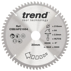 Trend / Trend Aluminium/Plastic Circular Saw Blade 216 x 30mm 64T CSB/AP21664