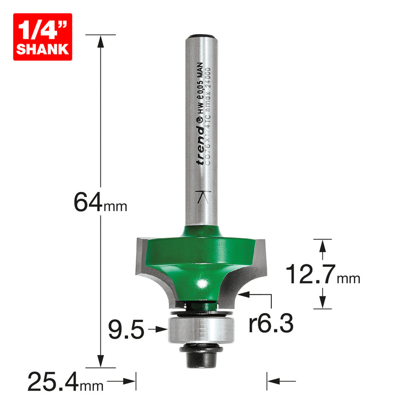 1/4 inch shank TCT 6.35 mm radius curve Trend Router Bit Bearing Guided Ovolo