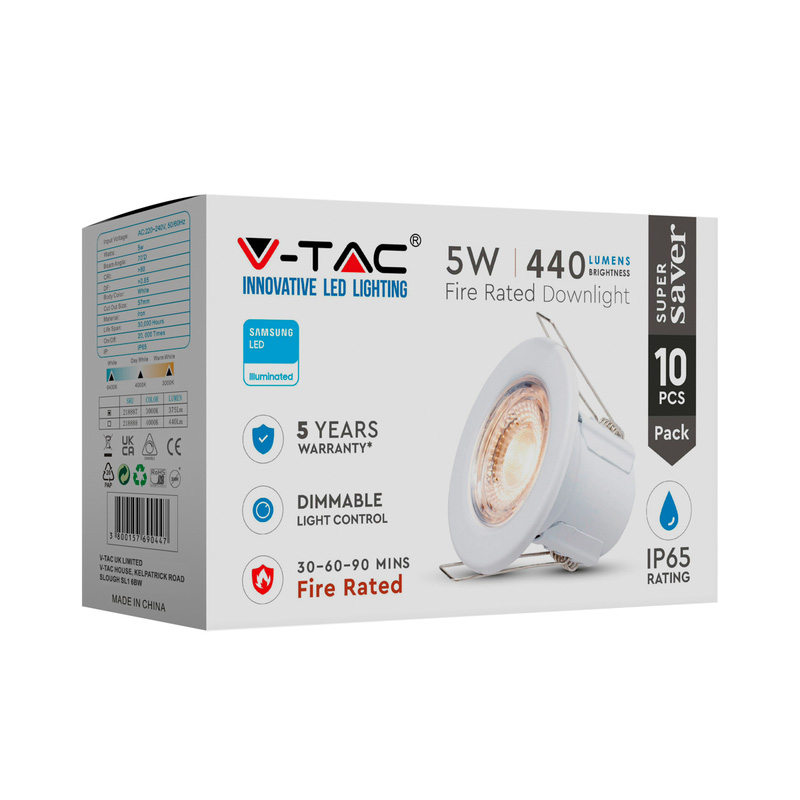 V-TAC LED 5W Integrated Dimmable Fire Rated IP65 Downlight