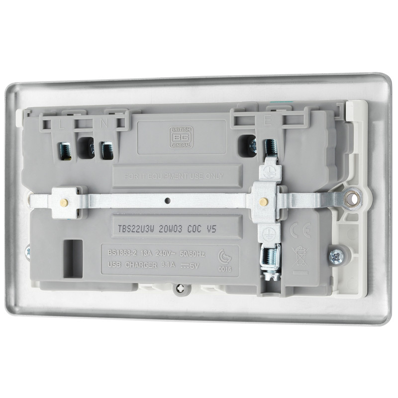 BG Brushed Steel USB 13A White Insert Switched Socket