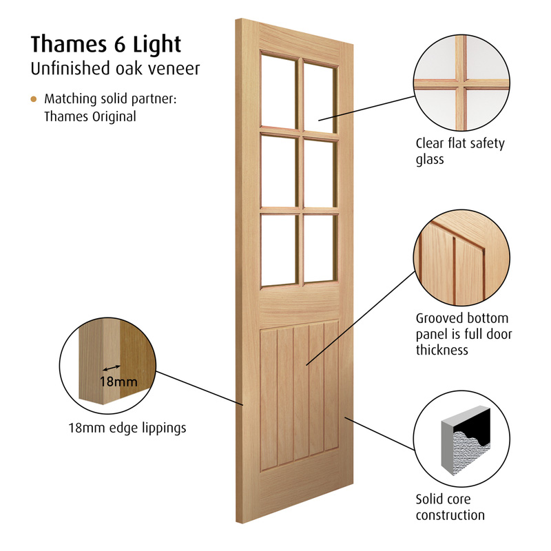 Thames 6 Light Oak Glazed Internal Door U/F