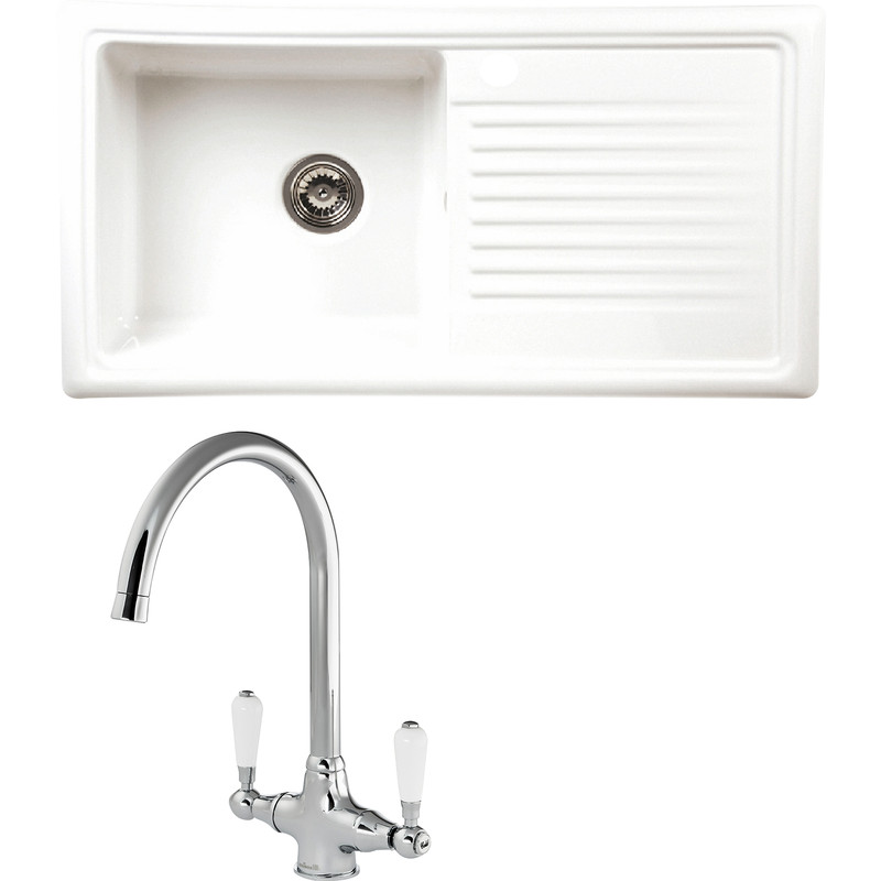 Reginox RL304CW Single Bowl White Ceramic Kitchen Sink with Reversible Drainer 