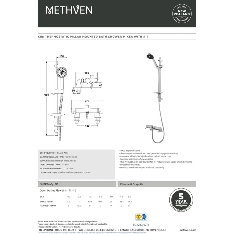 Methven Thermostatic Bath Shower Mixer Tap Kit