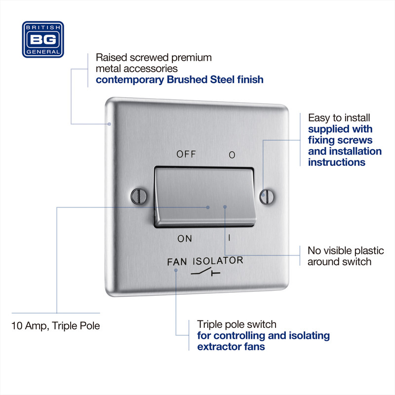 BG Brushed Steel Fan Isolator Switch