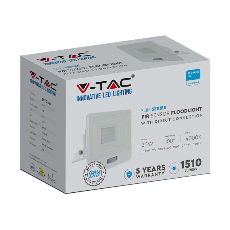 V tac ip65 led pir sensor floodlight with samsung chip 20w white 1510lm
