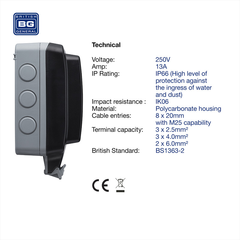 BG IP66 Single 13A Socket with Large Enclosure