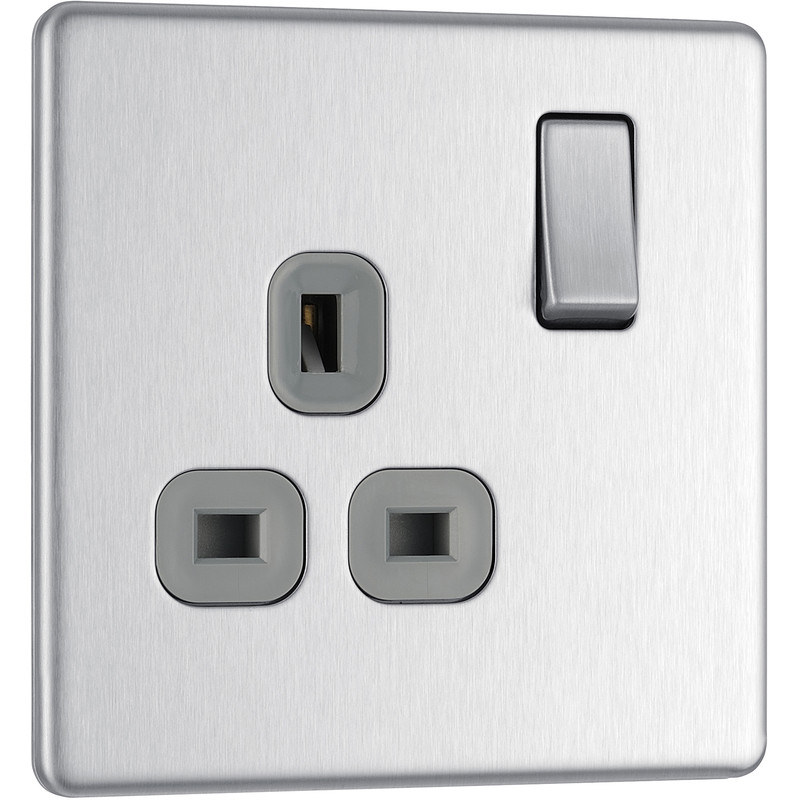 BG Screwless Flat Plate Brushed Stainless Steel 13A DP Switch Socket