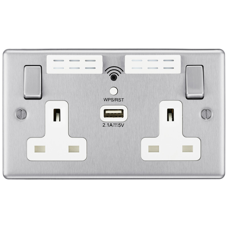 BG Brushed Steel 13A White Insert WiFi Extender & USB Socket