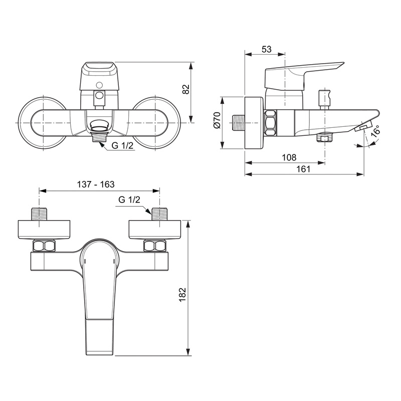 Ideal Standard Tesi Taps Bath Shower Mixer 1 Tap Hole Wall Mounted ...