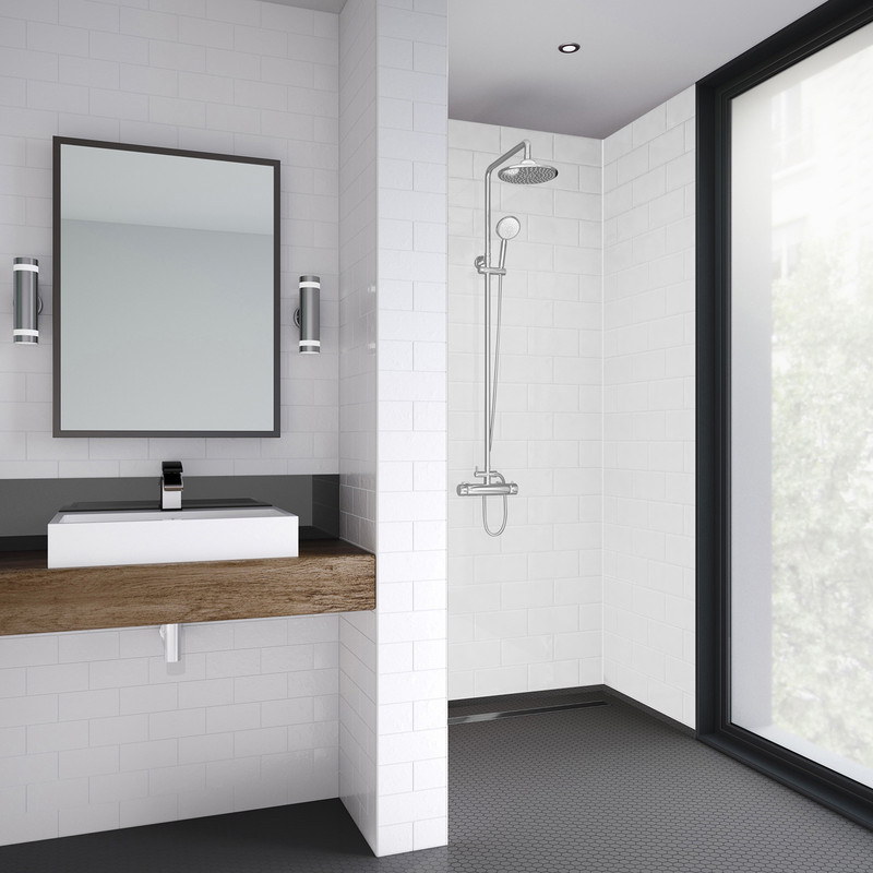 Mermaid Composite Metro Tile Vertical Shower Wall Panel White 2440mm X 1220mm - Tile Panels For Bathroom Walls