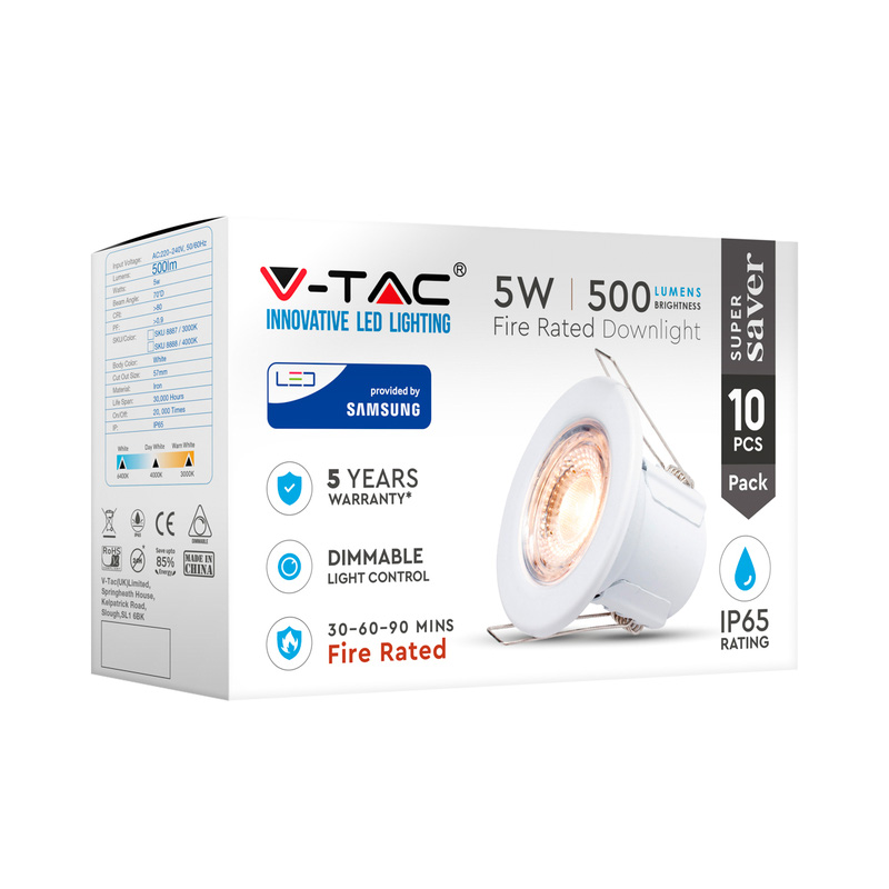 V-TAC LED 5W Integrated Dimmable Fire Rated IP65 Downlight