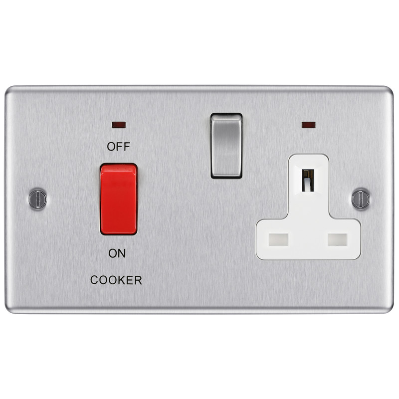 Flat Plate Brushed Steel Tall 45 Amp Cooker Switch & Neon