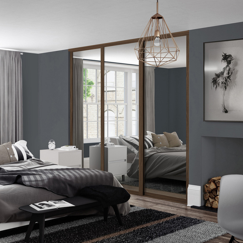 Spacepro Shaker 3 Door Sliding Wardrobe Kit Framed Mirror 1680 X 2260Mm In Steel/Glass Walnut